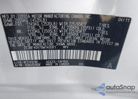 2011 Toyota Rav4 из США, поврежденный, VIN 2T3BF4DV7BW140081